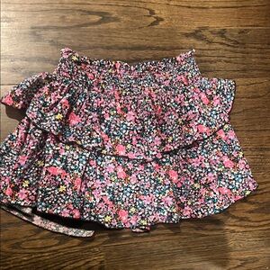 Katie J NYC Black Floral Smocked Tiered Skirt with Pink Blooms